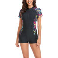 Miniatyrbilde 1 av 5: Badedrakt i ett stykke for kvinner Langermet Rash Guard Dame våtdrakt Atletisk badedrakt Surfing Dykking Glidelås foran Badetøy Svømmekostyme Tangrui Black Short Sleeve S