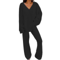 Miniatyrbilde 1 av 3: 2-delt sett for kvinner - Enkle treningssett med V-hals, løse topper + lange bukser, loungewear, pysjamassett Black L