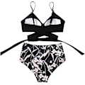 Miniatyrbillede 4 af 5: Kvinder Criss Cross Push Up svømmeoverdele Mavekontrol Halter Bikini Højtaljede badedragter Todelte badedragter Black Floral-1 Large