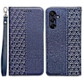 Miniatyrbild 1 av 5: Kompatibelt Plånboksfodral för Samsung Galaxy A26 5G, Stark Magnetisk Rutmönstrad Prägling Läder Flipfodral Blue