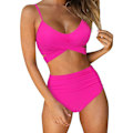 Miniatyrbillede 1 af 5: Kvinder Criss Cross Push Up svømmeoverdele Mavekontrol Halter Bikini Højtaljede badedragter Todelte badedragter Rose Red Large
