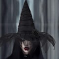 Pikkukuva 2 / 6: Halloween-noitahuivi, rypytetty noitahuivi naisille, jossa huntu ja ruusunoitahattu, Halloween-asuasusteet