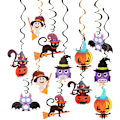 Pikkukuva 1 / 6: Halloween-riippuvat pyörteet - värikkäät kattopyörteet, spiraalit, folio, lepakko, noita, pääkallo, hämähäkki, aave, kurpitsa, hirviökortit, juhlatarvikkeet