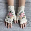 Halvfinger broderede blomstrede retro strikkede handsker, håndlavede hæklede kant touchskærm efterår vinter dame varme handsker