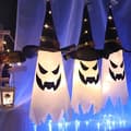 Halloween Hanging Decorations Set – LED Ghost & Witch Hat Lanterns for Outdoor Festive Display Warm White Warm White