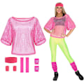 Pikkukuva 1 / 7: 80-luvun neonväriset juhla-asusteet, 1980-luvun retro-teemajuhlien koristeluasut naisille ja tytöille - Ruusunpunainen Set - Rose Red One size