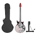 Miniatyrbillede 1 af 7: Miniature elguitar i rødbrun farve med stativ og etui, musikinstrumentmodeldekoration 10 tommer