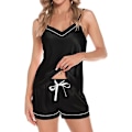Miniatyrbild 2 av 5: Dam 4-delat pyjamasset i siden satin nattkläder sexiga pyjamas loungekläder Svart 2XL Black