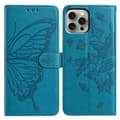 iPhone 15 Pro Max Skal Prägling av Fjärilsmönster Läder Fodral Blå