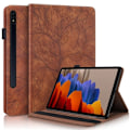Miniatyrbild 1 av 5: Samsung Galaxy Tab S9+ / S9 FE+ Skal i Läder - Life Tree Series Horisontell Flip Brun