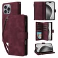iPhone 16 Pro Multifunktionell Multi-Kort Wallet Skal Läder Fodral Vinrött