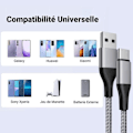 Miniatyrbild 4 av 4: 2x Snabbt USB-C Nylon-kabel 3A för Samsung Galaxy A26 A25 A15 A05s A35 A36 A55 A56 - Grå 1 Meter Grå