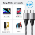 Miniatyrbild 4 av 4: 2x USB-C till USB-C Snabbladdningskabel 3A för Samsung S25 S24 S22 S23 Ultra S22 Plus S21 S21 Ultra S20 FE - Förstärkt Nylon Grå 1M Grå