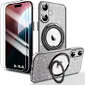 Miniatyrbild 1 av 4: Skyddsfodral - BOOLING - iPhone 16 Plus - Silikon - Rotationsstöd - Glittrande effekt Svart