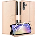 Miniatyrbild 1 av 4: Coque för Samsung Galaxy A25 5G - BOOLING - Stöttålig i Gyllene Syntetiskt Läder - Kortficka och Stöd med 2 Härdat Glas gyllene