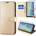 Miniatyrbild 1 av 4: Fodral + 2 härdade glasögon för Samsung Galaxy A05s, stötsäkert skydd i guld PU-läder (ej för A05) gyllene