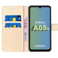 Miniatyrbild 3 av 4: Fodral + 2 härdade glasögon för Samsung Galaxy A05s, stötsäkert skydd i guld PU-läder (ej för A05) gyllene