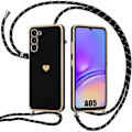 Miniatyrbild 1 av 4: Fodral för Samsung Galaxy A05 (inte för A05s), svart stötsäker silikon med nylonrem, mode lyxpläterat hjärtamönster
