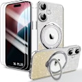 Miniatyrbild 1 av 4: Fodral + 2 härdade glasögon för iPhone 16 Plus, silikonskydd med glittrande silver roterande magnetiskt stöd Silver