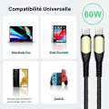 Miniatyrbild 4 av 4: Paket med 2 Snabb USB-C till USB-C Kabel 60W för Samsung Galaxy A36 A33 A34 A32 A56 A54 A53 A52 4G-5G A52s - Robust Nylon 1M Svart Svart