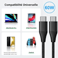 Miniatyrbild 4 av 4: Förpackning med 2 snabba USB-C till USB-C-kablar 3A för Samsung Galaxy A26 A23 A24 A22 A02s A03s A04s A12 A13 - Förstärkt nylon 1M svart Svart