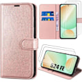 Miniatyrbild 1 av 4: Fodral till Samsung Galaxy S24 FE (ej för S24) med 2 härdade glasögon, skydd mot repor i syntetiskt läder - rosa