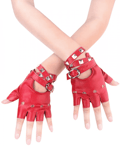 Women's PU Leather Punk Gloves Rivet Belt Up or Snap Half Finger Performance Mittens, Red