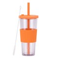 Miniatyrbild 1 av 5: 700 ml stor kapacitet transparent dubbelskiktad plastkopp halm mjölktekopp bärbar utomhus halmkopp