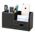 Miniatyrbillede 1 af 5: Trækonstruktion Læder Multifunktionel Skrivebord Stationær Organizer Opbevaringsboks Pen/Blyant, Mobiltelefon, Firmanavnekort Fjernbetjening Holder