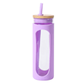 Pikkukuva 1 / 5: 600 ml:n lasinen juomapullo, jossa bambukansi ja pilli, vuotosuojattu lasipullo, jossa silikonisuojus, ilman BPA:ta.