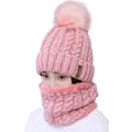 Miniatyrbilde 1 av 5: Dame Pom Lue Hals Sett Jenter Vinter Skilue Slouchy Strikket Lue Med Fleecefôr (Rosa)