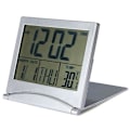Miniatyrbillede 1 af 5: Digital vækkeur, bærbar, foldbar, temperatur, kalender, snooze, LED-display, med læderbetræk (1 stk., sølv)