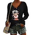 Miniatyrbilde 1 av 2: Juleelg Trykk V-Hals T-skjorte for Kvinner, Jul Fritid Lang Ermet Pullover Topp, Svart Black L