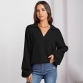 Miniatyrbillede 5 af 5: Kvinders Skjorter Lange Lanternærme V-hals Design Sense Niche Høj kvalitet Løse Toppe Sort Black L