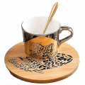 Miniatyrbillede 1 af 4: Gylden Spejlrefleksionskop og Træunderkop Kaffekop (leopard)d