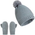 Miniatyrbillede 3 af 5: Sæt med hue og vanter til småbørn - Vintervarm strikket hue med pompon til drenge og piger - 1 hue + 1 par vanter (grå)