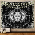 Miniatyrbillede 1 af 5: Sol og Måne Vægtæppe, Sort og Hvid Vægtæpper Mystisk Brændende Sol med Stjerne Væghængende Dekoration til Soveværelse (150 cm B x 130 cm L)