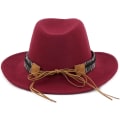 Miniatyrbillede 5 af 5: Unisex Crushable Cowboy Hat Western Cowgirl Outback Hat Cattleman Fedora Med Braided Band Og Tyrenskalle - Vinrød Wine Red