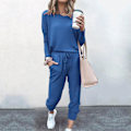 Miniatyrbild 1 av 4: Damkläder Lösa Tvådelade Set Solid Långärmad Toppar Väst Casual Byxor SweatsuitSBlå Blue S