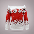 Miniatyrbillede 3 af 5: Kvinders Juletrøje med Off Shoulder Langærmet Trøje Julefleece SweatshirtSRed Red S