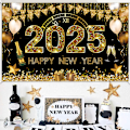 Miniatyrbillede 5 af 5: 2025 Godt Nytår Baggrundsort Sort og Guld Nytårsbaggrund Prom Nytårsfestbanner Nytårsaften Festdekoration