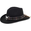 Miniatyrbillede 1 af 5: Unisex Crushable Cowboy Hat Western Cowgirl Outback Hat Cattleman Fedora Med Braided Band Og Tyrekranium Sort Black