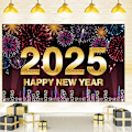 Miniatyrbillede 3 af 5: Stof Happy New Year 2025 Banner Happy New Year 2025 Baggrundsbanner til nytårsaftenfester Dekorationer Fotostudie rekvisitter