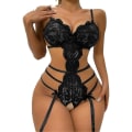 Miniatyrbild 1 av 3: Sexig Kvinna Djup V-ringad Strapig En-delad Blommig Spets Lingeri Nattkläder Babydoll Bodysuit Svart S Black