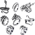 Miniatyrbillede 1 af 5: 8 Vintage Punk Ringe - Drager, Slanger, Blæksprutter - Retro Åbne Justerbare Ringe Sæt Punk Stil