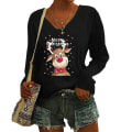 Miniatyrbilde 1 av 2: Juleelg Trykk V-Hals T-skjorte Julerelatert Fritids Lang Ermet Pullover Topper XL Svart Black XL