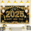Miniatyrbillede 4 af 5: 2025 Godt Nytår Baggrundsort Sort og Guld Nytårsbaggrund Prom Nytårsfestbanner Nytårsaften Festdekoration
