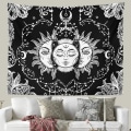 Miniatyrbillede 3 af 5: Sol og Måne Vægtæppe, Sort og Hvid Vægtæpper Mystisk Brændende Sol med Stjerne Væghængende Dekoration til Soveværelse (150 cm B x 130 cm L)
