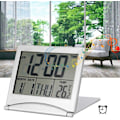 Miniatyrbillede 4 af 5: Digital vækkeur, bærbar, foldbar, temperatur, kalender, snooze, LED-display, med læderbetræk (1 stk., sølv)