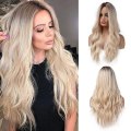 Miniatyrbilde 1 av 5: 26 Tommer Lang Blond Parykk for Kvinner Naturlig Syntetisk Hår Ombre Blond Parykk med Mørke Røtter Syntetisk Parykk Løst Bølget Parykk Varmebestandig